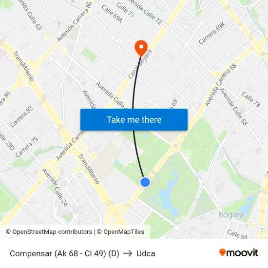 Compensar (Ak 68 - Cl 49) (D) to Udca map