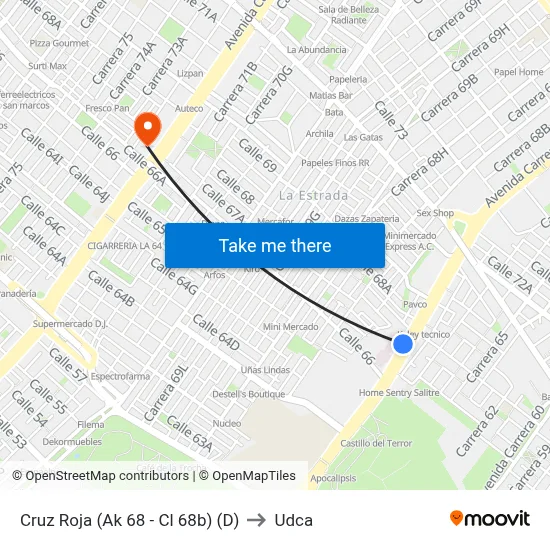 Cruz Roja (Ak 68 - Cl 68b) (D) to Udca map