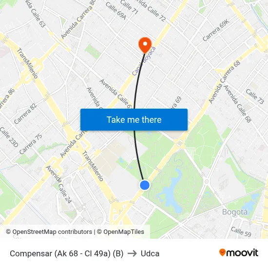 Compensar (Ak 68 - Cl 49a) (B) to Udca map