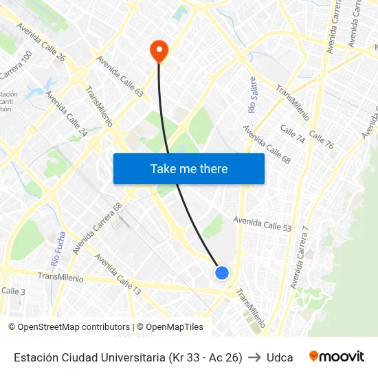 Estación Ciudad Universitaria (Kr 33 - Ac 26) to Udca map