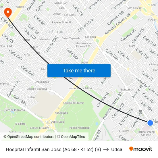 Hospital Infantil San José (Ac 68 - Kr 52) (B) to Udca map