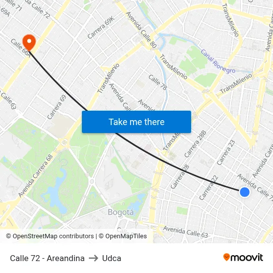 Calle 72 - Areandina to Udca map