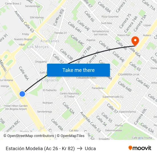 Estación Modelia (Ac 26 - Kr 82) to Udca map