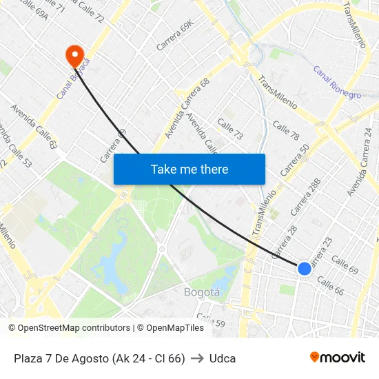 Plaza 7 De Agosto (Ak 24 - Cl 66) to Udca map