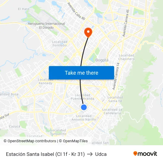 Estación Santa Isabel (Cl 1f - Kr 31) to Udca map