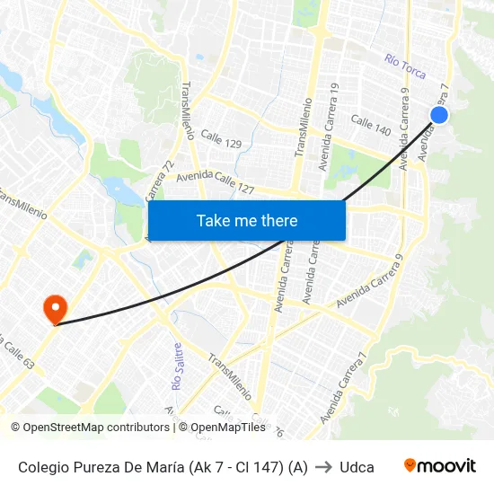 Colegio Pureza De María (Ak 7 - Cl 147) (A) to Udca map
