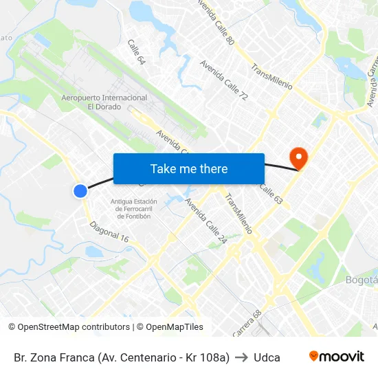 Br. Zona Franca (Av. Centenario - Kr 108a) to Udca map
