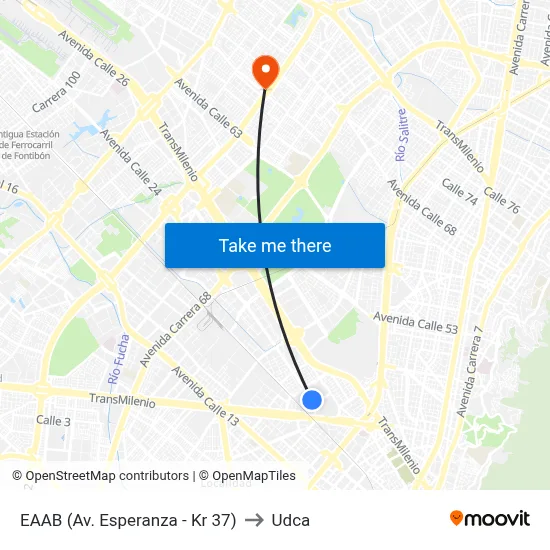EAAB (Av. Esperanza - Kr 37) to Udca map