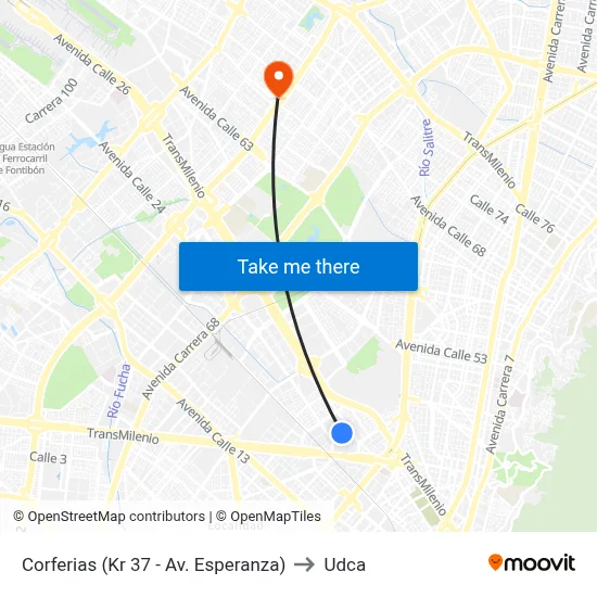 Corferias (Kr 37 - Av. Esperanza) to Udca map
