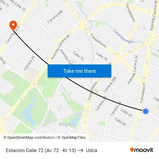Estación Calle 72 (Ac 72 - Kr 13) to Udca map
