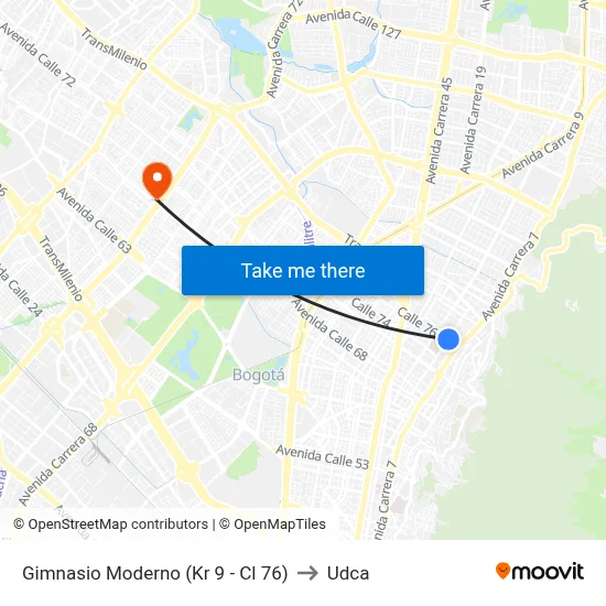 Gimnasio Moderno (Kr 9 - Cl 76) to Udca map