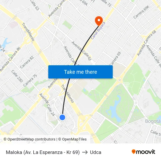 Maloka (Av. La Esperanza - Kr 69) to Udca map