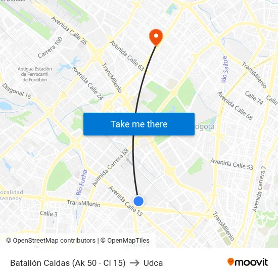 Batallón Caldas (Ak 50 - Cl 15) to Udca map