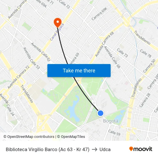 Biblioteca Virgilio Barco (Ac 63 - Kr 47) to Udca map