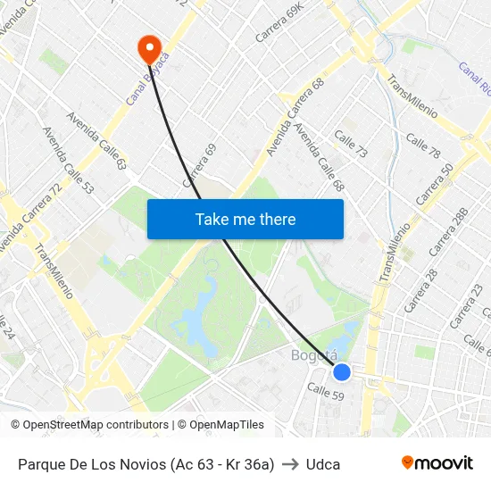 Parque De Los Novios (Ac 63 - Kr 36a) to Udca map