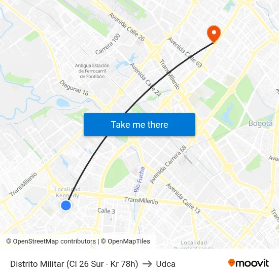 Distrito Militar (Cl 26 Sur - Kr 78h) to Udca map