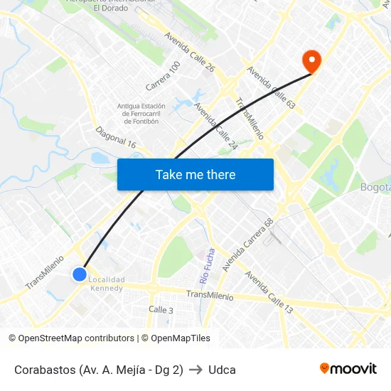 Corabastos (Av. A. Mejía - Dg 2) to Udca map