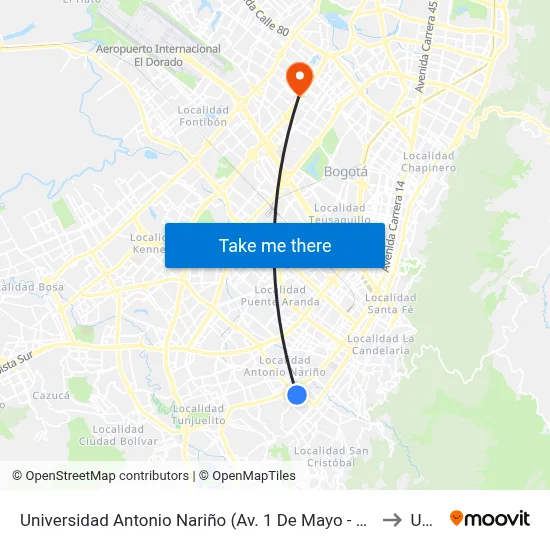 Universidad Antonio Nariño (Av. 1 De Mayo - Kr 13 Bis) (A) to Udca map