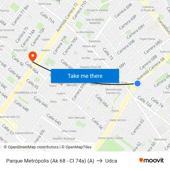 Parque Metrópolis (Ak 68 - Cl 74a) (A) to Udca map
