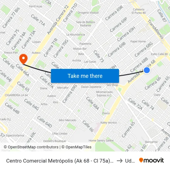Centro Comercial Metrópolis (Ak 68 - Cl 75a) (A) to Udca map