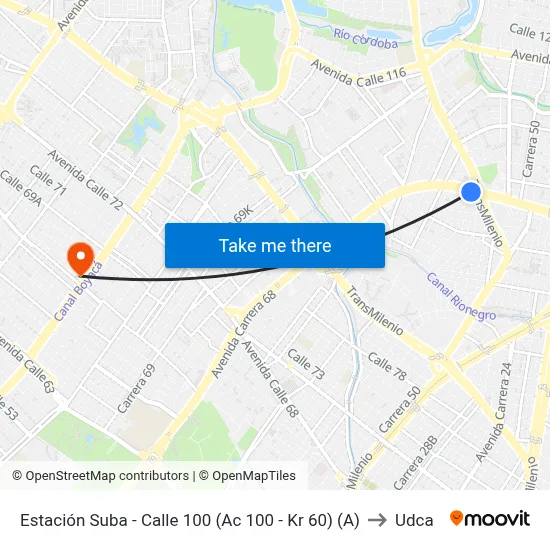 Estación Suba - Calle 100 (Ac 100 - Kr 60) (A) to Udca map