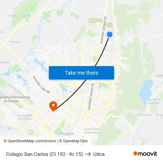 Colegio San Carlos (Cl 192 - Kr 15) to Udca map