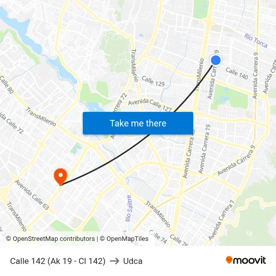 Calle 142 (Ak 19 - Cl 142) to Udca map