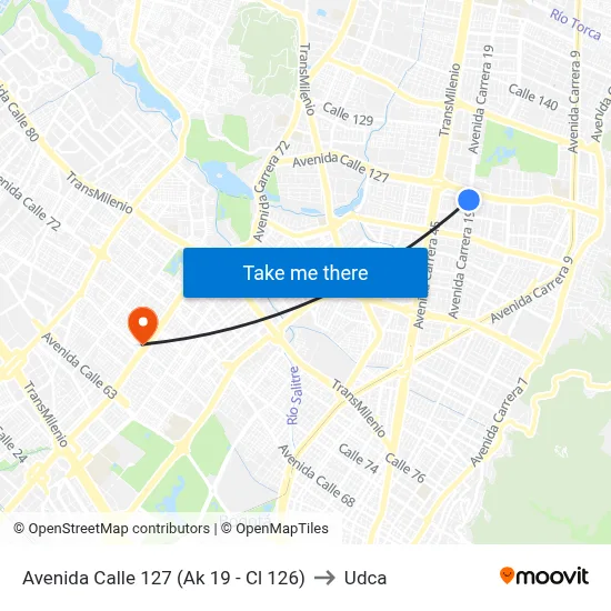 Avenida Calle 127 (Ak 19 - Cl 126) to Udca map