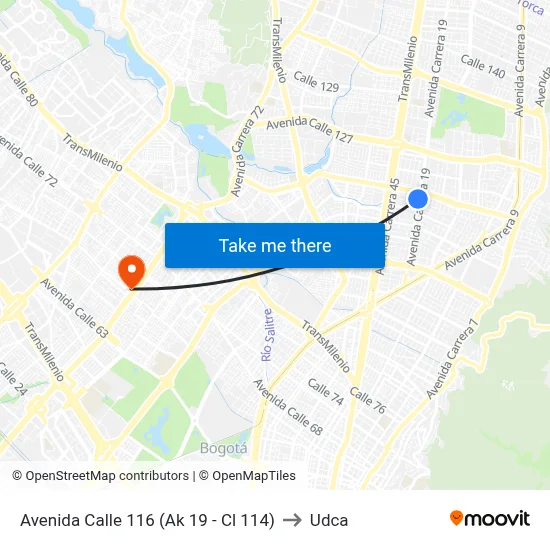 Avenida Calle 116 (Ak 19 - Cl 114) to Udca map