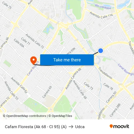 Cafam Floresta (Ak 68 - Cl 95) (A) to Udca map