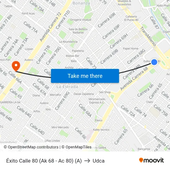 Éxito Calle 80 (Ak 68 - Ac 80) (A) to Udca map