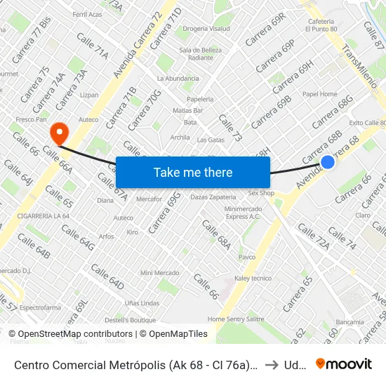 Centro Comercial Metrópolis (Ak 68 - Cl 76a) (A) to Udca map