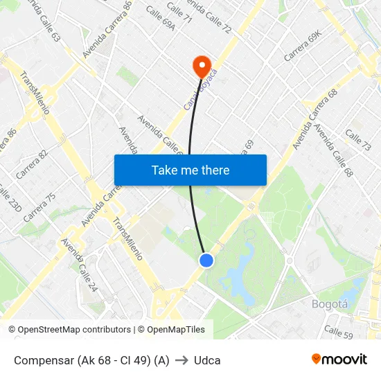 Compensar (Ak 68 - Cl 49) (A) to Udca map