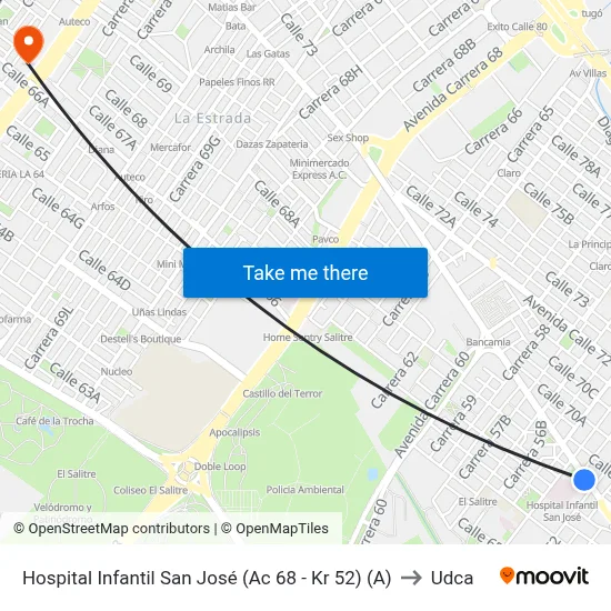 Hospital Infantil San José (Ac 68 - Kr 52) (A) to Udca map