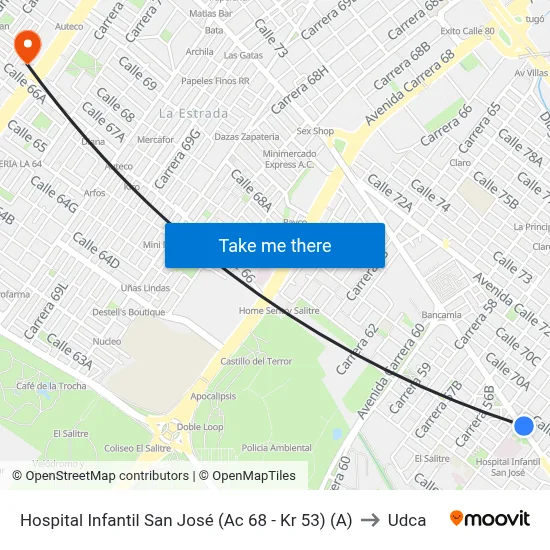 Hospital Infantil San José (Ac 68 - Kr 53) (A) to Udca map
