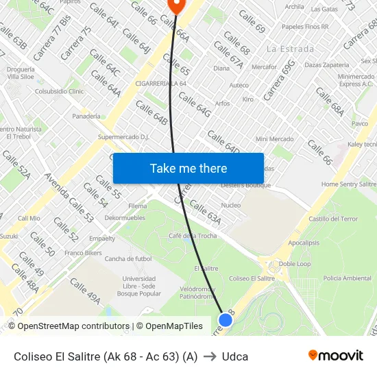 Coliseo El Salitre (Ak 68 - Ac 63) (A) to Udca map