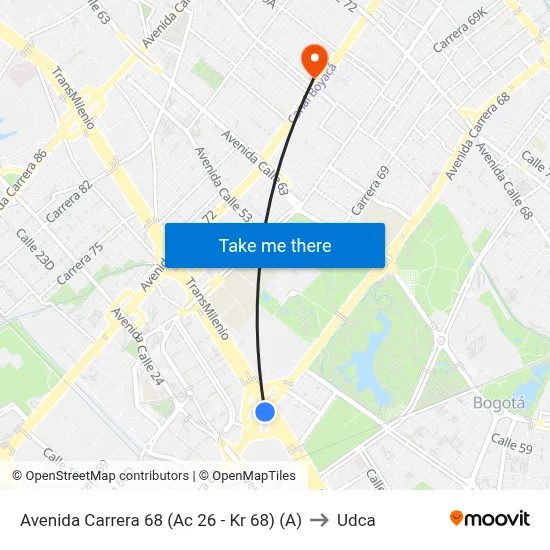 Avenida Carrera 68 (Ac 26 - Kr 68) (A) to Udca map