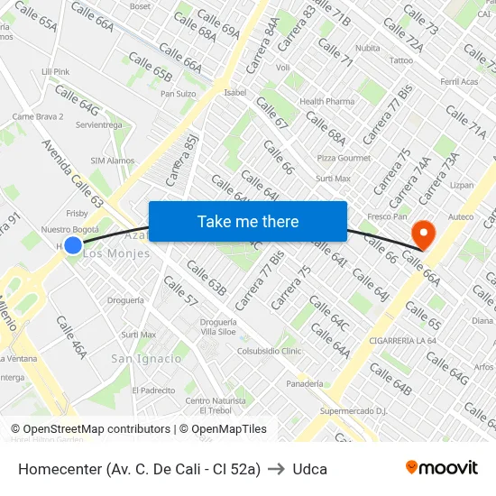 Homecenter (Av. C. De Cali - Cl 52a) to Udca map
