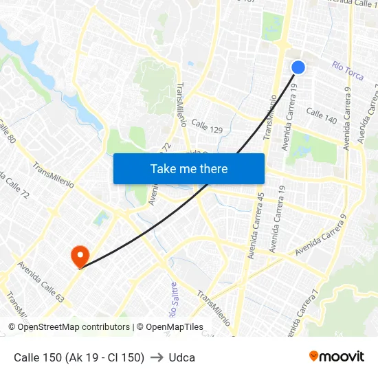 Calle 150 (Ak 19 - Cl 150) to Udca map