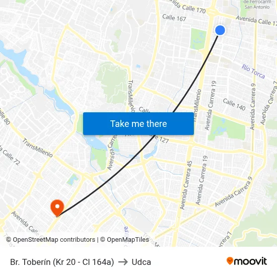 Br. Toberín (Kr 20 - Cl 164a) to Udca map
