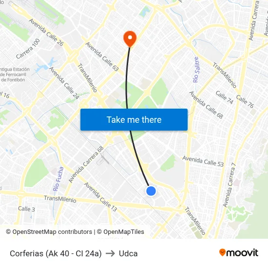 Corferias (Ak 40 - Cl 24a) to Udca map