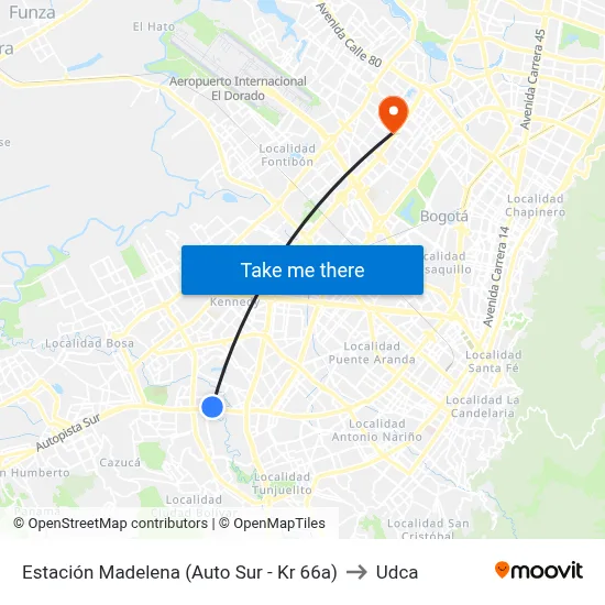 Estación Madelena (Auto Sur - Kr 66a) to Udca map