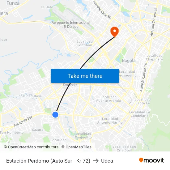 Estación Perdomo (Auto Sur - Kr 72) to Udca map