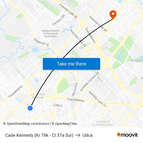 Cade Kennedy (Kr 78k - Cl 37a Sur) to Udca map