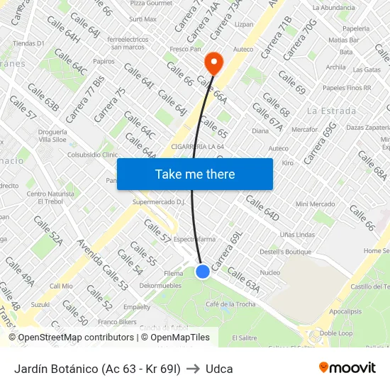 Jardín Botánico (Ac 63 - Kr 69l) to Udca map