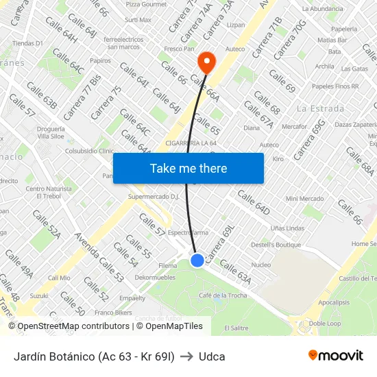 Jardín Botánico (Ac 63 - Kr 69l) to Udca map