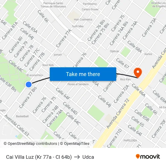 Cai Villa Luz (Kr 77a - Cl 64b) to Udca map