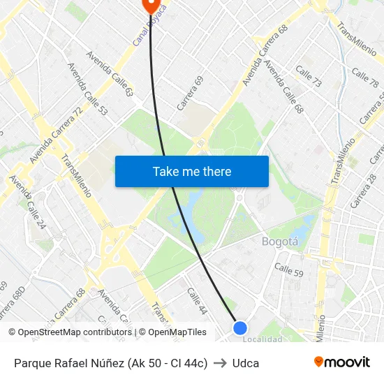 Parque Rafael Núñez (Ak 50 - Cl 44c) to Udca map