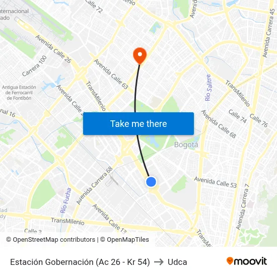 Estación Gobernación (Ac 26 - Kr 54) to Udca map