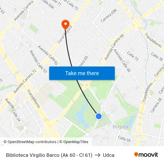 Biblioteca Virgilio Barco (Ak 60 - Cl 61) to Udca map